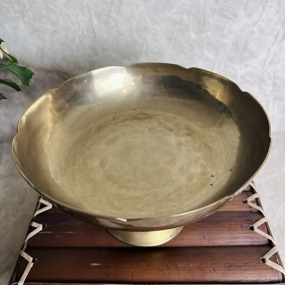 Solid Brass Pedestal Bowl Compote – Wide Shallow Dish on Turned Base 7.5